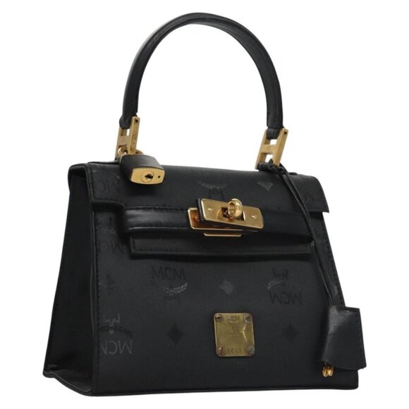 MCM Vicetos Logogram Hand Bag Nylon Black Gold Auth - Picture 1 of 16